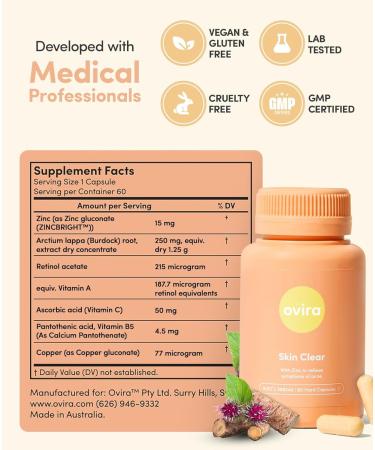 Ovira Skin Clear with ZINCBRIGHT - 60 Capsules for Clear and Glowing Skin | Rosacea & Hormonal Acne Treatment | Support Collagen Production | Acne Supplements for Women & Men - Pack of 2 60 Count (Pack of 2) - Buy Online on GoSupps.com