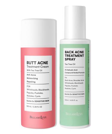 Body Acne Care Set: Butt Acne Treatment Lotion + Back & Body Acne Spray with 2% Salicylic Acid & Tea Tree Oil Clears Breakouts Soothes Redness & Prevents Bacne for Men Women & Teens Whole Body Acne Care