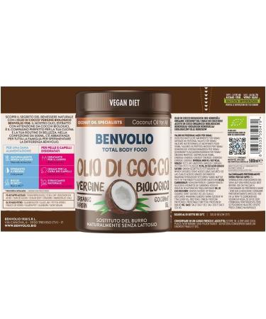 Organic Virgin Coconut Oil Food - BENVOLIO 1938 | 500ml - Raw Cold Pressed 100% Pure Natural Organic Coconut Oil for Hair Oil Massage Moisturizing - Buy Online on GoSupps.com