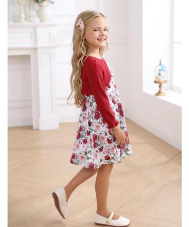 Puseky Toddler Girl 2-Piece Floral Dress & Ribbed Cardigan Set, 5-6 Years, Wine Red - Buy Online on GoSupps.com