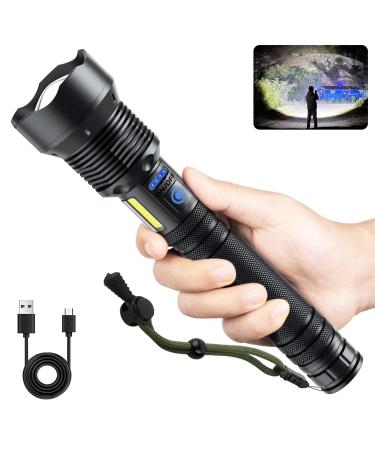 Cinlinso Flashlights High Lumens Rechargeable, 150000 Lumens Super Bright Led Flashlight, 7 Modes with COB Work Light, IPX6 Waterproof, Handheld Powerful Flash Light for huting, Camping, Emergecies Black