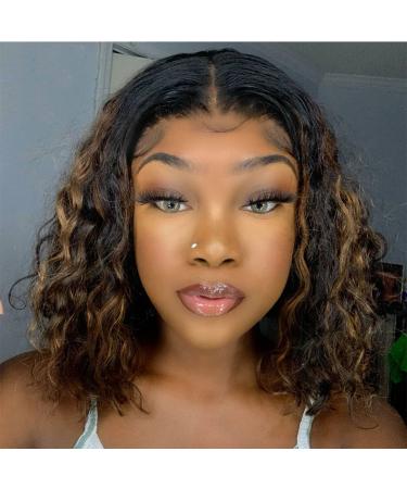Highlight Short Bob Wigs Human Hair Wigs 4x4 Lace Closure Wigs Brazilian Curly Lace Front Wigs Human Hair Deep Wave Bob Wigs for Black Women 150% Density Pre Plucked with Baby hair 12 Inch 12 Inch Highlight Color