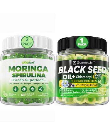 EnvyCure 2 Pack Moringa Spirulina Gummies Organic with 1 Pack Black Seed Oil Gummies