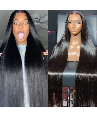 Maxine 34 Inch Lace Front Wig Human Hair 13x6 HD Transparent Lace Frontal Wigs Straight Wave Brazilian Glueless Human Hair Wigs Pre Plucked with Baby Hair 180% Density 34 Inch 13x6 Frontal Wig