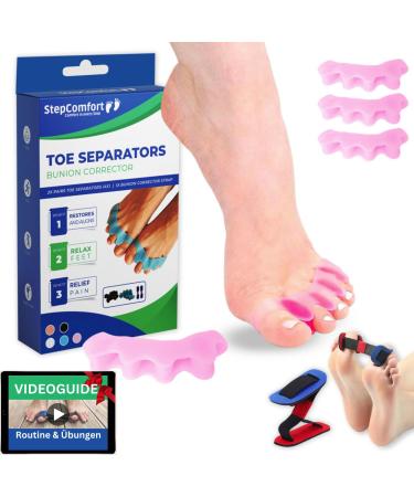 Stepcomfort toe spreader Hallux Valgus 4 pc elastic bale toe corrector 1 piece toe separator silicone hammer toe correction toe correction toe spacer for realignment of the feet (pink)