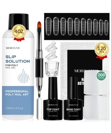 Morovan Poly Gel Slip Solution - 4oz Slip Solution for Poly Gel Nails Nail Anti-Stick Extension Gel Slip Solution Kit with Base Coat Top Coat Nail Cleaner Dual Nail Forms Nail Tips Clip Cup Poly Gel Slip Solution Liquid for Poly Gel Nail Kit Nail Slip Sol
