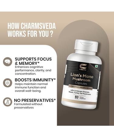 CHARMSVEDA Lion s Mane Mushroom Capsules with Cordyceps Reishi & Turkey Tail Herbal & Immune Support Overall Wellness & Immune Support* 60 Vegan Capsules - Buy Online on GoSupps.com