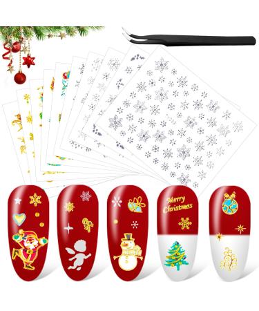 24 Sheets Christmas Nail Art Stickers Ultralight 3D Self-Adhesive Snowflake Santa Clause Gel Nail Decals with Tweezers for Christmas Parties. Gold