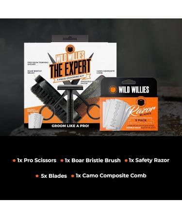 Wild Willies Expert Beard Grooming Kit - 5-Piece Gift Set with Comb Boar Bristle Brush Safety Razor & Grooming Shears | Perfect Men's Beard Kit for Daily Use - Ships Internationally - Buy Online on GoSupps.com
