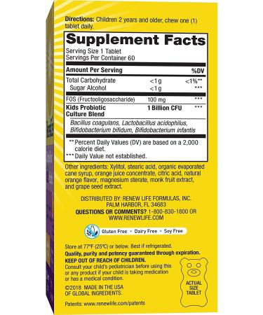 Renew Life Ultimate Flora Kids Probiotic - 1 Billion CFU, Sun-Kissed Orange Flavor, 60 Chewables - Buy Online on GoSupps.com