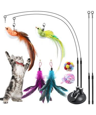 ROSAUI Cat Toy Cat Toys Self-Entertainment - Interactive and Stimulating for Cats - Complete Set with Bird Suction Cup Cat Wand and More 1x Dual Ports Base + 4x Wands + 6x Refils