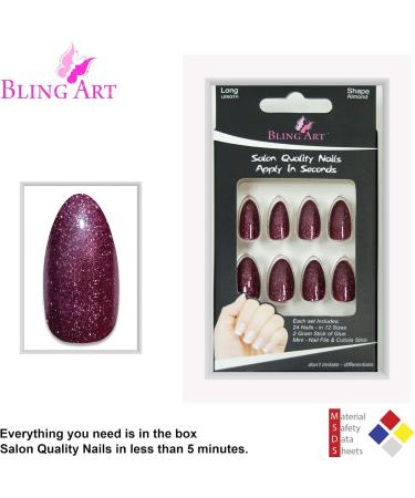 Bling Art Almond False Nails Fake Stiletto Gel Glitter Glossy Acrylic Long 24 Tips Glue (Sangria Gel) - Buy Online on GoSupps.com