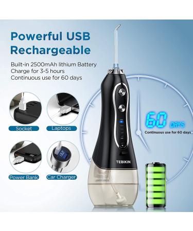 TEBIKIN Cordless Water Flosser Portable Dental Professional Oral Irrigator - 5 Levels, 5 Tips, IPX7 Waterproof - Travel Water Teeth Cleaner - 300ML - Black - Buy Online on GoSupps.com