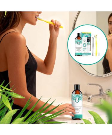 Mouthwash - 237 ml of natural alcohol-free mouthwash for cleaning teeth | with tongue scraper and toothbrush for oral hygiene health and repairing dry teeth - Buy Online on GoSupps.com