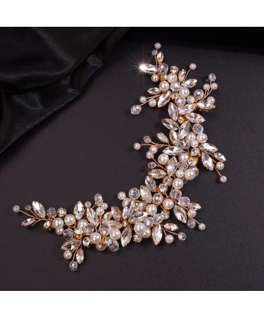 Teyglen Dainty Rhinestones Pearls Crystal Large Headband Hair Vine Handmade Bridal Flower Headband Wedding Hair Accessories for Brides Hair Pieces Gold Silver Headpieces for Women Girl (Gold)