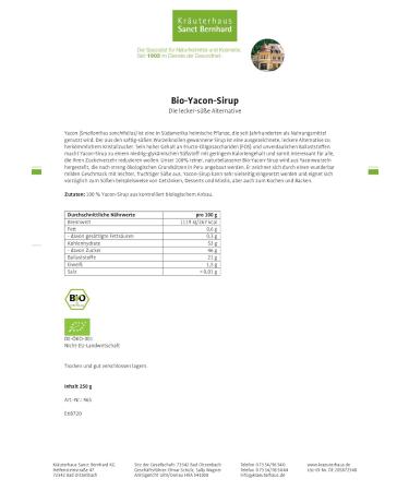 Sanct Bernhard Organic Yacon Syrup 500g - Premium Natural Sweetener for Health Benefits | International Shipping Available - Buy Online on GoSupps.com