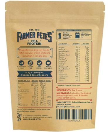 Farmer Pete's 1kg Pea Protein Powder - Dairy Free, Gluten Free, Plant Based Vegan Isolate - Buy Online on GoSupps.com