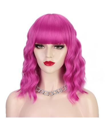AISI BEAUTY Hot Pink Bob Wavy Wig with Bangs - 14 Inch Synthetic Hair Colorful Wig for Women - Perfect for Halloween Costume & Cosplay - Buy Online on GoSupps.com