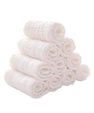 Baby Msulin Washcloths -6 Layer Soft Absorbent Face Towel - Natural Newborn Wipes for Delicate Skin - Baby Registry as Shower White 12x12 Inch (Pack of 10)
