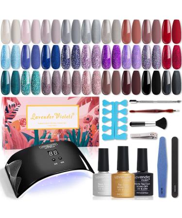 Lavender Violets 38 Pcs Gel Nail Polish Kit with 24W UV LED Lamp Dryer  Red Brown 27 Color Gel Polish  No Wipe Top Base Coat  All-In-One Manicure Kit for Beginner  Nail Design Salon Set B975 Girls Night