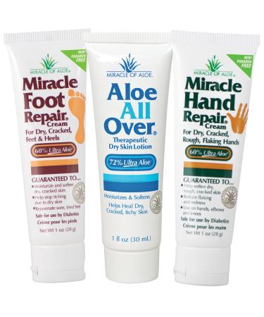 Miracle of Aloe 3-pack Assortment includes 1 ounce tubes each of Miracle Foot Repair Miracle Hand Repair and Aloe All Over