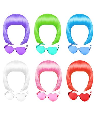 MIAHART 6 Pcs Short Bob Wig and 6 Pcs Sunglass Set  Neon Colored Wigs Colorful Cosplay Wigs Daily Party Hairpieces for Bachelorette Glow in The Dark Neon Party Favors Halloween Decorations Supplies muticolor short