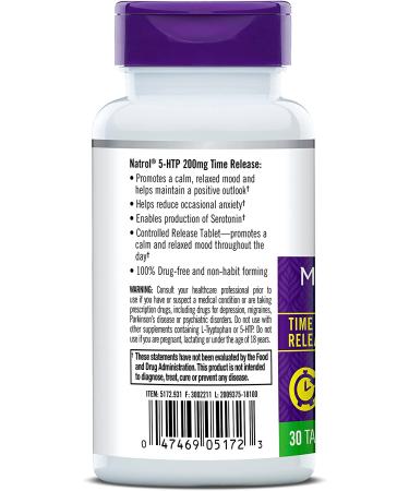 Natrol 5-HTP Time Release Tablets - Promotes Calm Mood & Serotonin Production - Drug-Free & Controlled Release - 200mg, 30 Count - Buy Online on GoSupps.com