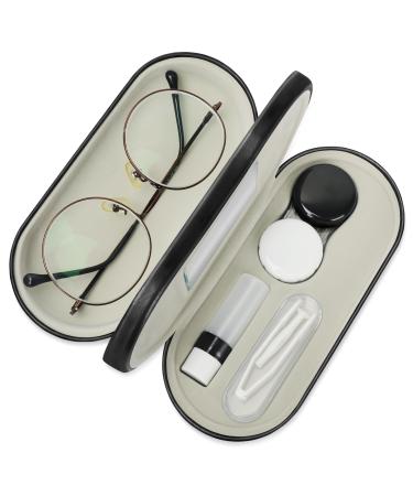 2 in 1 Contact Lens Case and Glasses Case - Double Sided Portable Contact Lens Case and Eyeglasses Case with Mirror Tweezer and Contact Lens Solution Bottle Storage Kit for Travel - Black