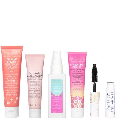 Pacifica Beauty Best Sellers Mini Beauty Set Skincare Makeup Fragrances Haircare Glow Baby Vegan Collagen Pineapple Curls Stellar Gaze Dream Moon Face Wash Mascara Body Mist (Set of 5)