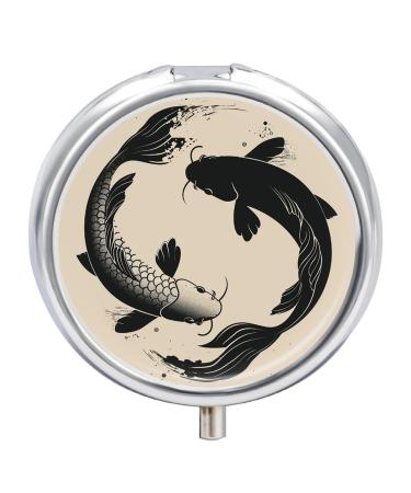 Pill Box Pill Case 3 Compartment Travel Pill Box Two Beige Fish Carps Printing Small Pill Box Portable Medicine Pill Case Pill Organizer for Purse & Pocket for Travel Handbag (Round)