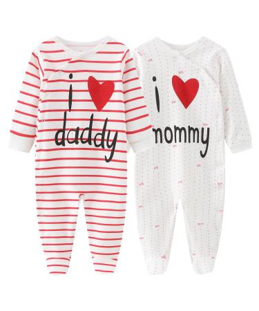 MAMIMAKA Baby Clothes Newborn Baby Grow Onesies Cotton Footed Pajamas for Boys and Girls 0-18 Months 6-9 Months Long Sleeve Love Daddy & Mommy
