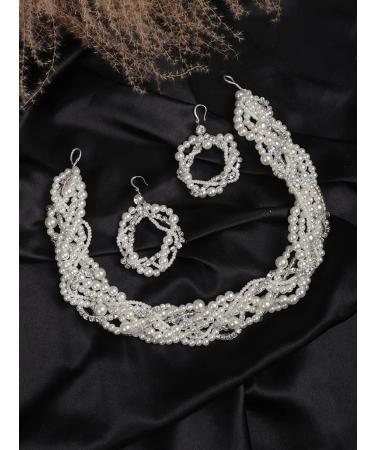Deniferymakeup Bride Wedding Hair Vine and Earrings Set Pearl Hair Accessories Silver Rhinestone Bride Headband for Women and Girls White - Buy Online on GoSupps.com