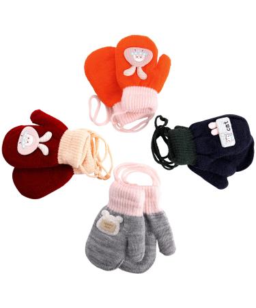 Dicunoy 4 Pairs Toddler Gloves Kids Stretch Mittens Cute Rabbit Knitting Short Children s Full Finger Gloves with Thick Plush Lined Winter Baby Girls Wool Warm Halter Gloves for 0-6 Y