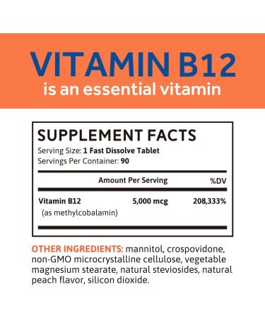 Whollium Methyl B12 5000mcg Supplement - Vegan, Fast Dissolve, Peach Flavor - Energy, Heart & Brain Health - 90 Tabs - Buy Online on GoSupps.com