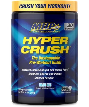 Maximum Human Performance MHP HYPER CRUSH Pre Workout energy drink creatine beta alanine nitric oxide pump citrulline AKG 30 Servings Blue Ice 14.88 Ounce
