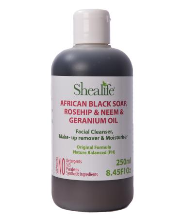 Organic African Black Soap Liquid Rosehip & Neem Geranium Oil Facial Cleanser & Face Spots Pimples Acne Facial Wash Contains No SLS Detergents & Parabens. 250ml