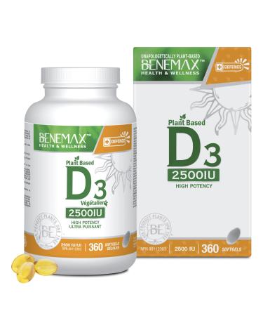 Benemax Vitamin D3 2500 IU For Healthy Bones Teeth and Helps Prevent Vitamin D Deficiency Plant Based & Vegan 360 Day Supply