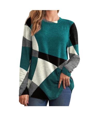 Iuhan Crewneck Sweatshirts for Women Dressy Casual Long Sleeve Tops Buttons Geometric Contrast Color Long Blouse Loose Shirts A1# Green Crewneck Sweatshirts for Women 3X-Large