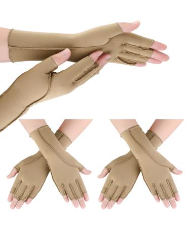 Janmercy 3 Pairs Arthritis Compression Gloves Outside Seams Fingerless Compression Gloves for Women Men Carpal Tunnel Swelling (Nude  Normal) Normal Nude
