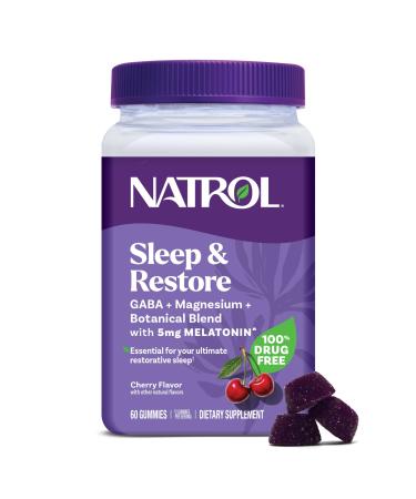 Natrol Sleep + Restore Magnesium Glycinate Blend Gummies with Melatonin 5mg - Calm Magnesium with GABA Botanical Blend Cherry Flavor 60 Gummies 60 Count (Pack of 1)