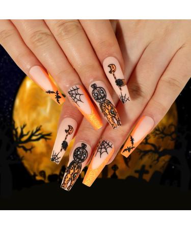 Coffin Halloween Fake Nails Long 24Pcs Orange French Halloween False Nails Ballet Press on Nails with Ghost Pattern Acrylic Stick on Nails with Nail Glue for Women Girls Halloween Nail Art Glitter Orange French Halloween