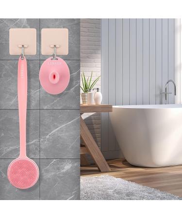 Long Handled Pink Silicone Body Scrubber for Women - Double Sided Scrub Brush with Hook - Buy Online on GoSupps.com