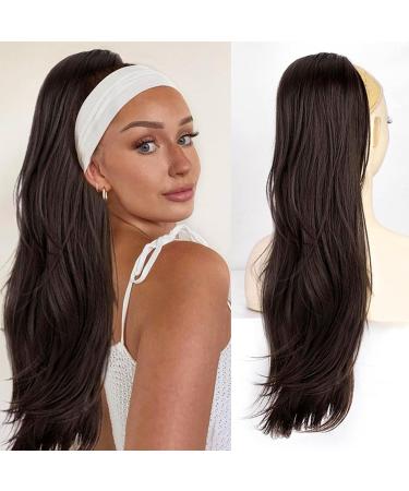 PORSMEER Ponytail Extension Drawstring Ponytail Hair Extensions Dark Brown Color 26 Inch Long Natural Straight Wavy End Synthetic Hairpiece for Women Girls Daily Use/Party Dark Brown-6#