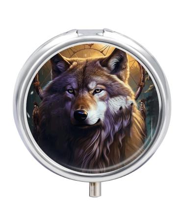 Round Pill Box Wolves and Dream Catchers Print 3 Compartment Medicine Pill Case Print Pill Organizer Decorative Metal Portable Pill Box Pocket Pill Box