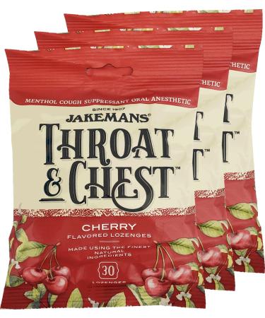 Jakemans Cherry Throat & Chest Lozenges Cough Drops Cough Sore Throat and Seasonal Distress Soothing Relief Liquid Drop Shape 30 Lozenges (3 Pack)