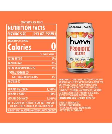 Humm Sparkling Probiotic Peach Seltzer - Zero Sugar & Calorie, 2 Billion Probiotics, Vitamin C, D & B12 - 12 fl oz (12 Pack) - Buy Online on GoSupps.com