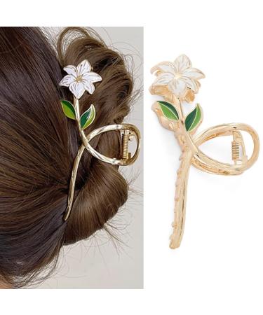 Flower Metal Hair Claw Clips Large Lily Gold Hair Claw Hair Barrettes Strong Hold Hair Clamps Fashion Hair Accessories for Woman and Girls with Long Thick Thin Curly Hair Lily Flower