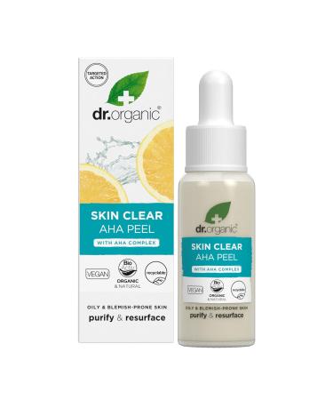 Dr Organic Skin Clear AHA Peel with Fruit Acids Exfoliating Serum Acne Scars Anti-Blemish Natural Brightening Vegan Cruelty Free Paraben & SLS Free Organic 30ml