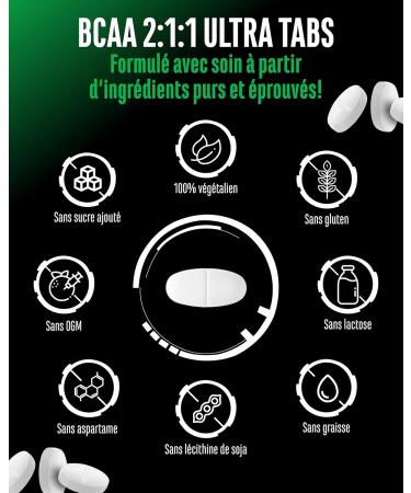 BCAA Ultra Tabs - 365 Comprim s avec 1000 mg de BCAA par Comprim - Ratio Optimal 2:1:1 - Complexe d Acides Amin s base de Leucine Isoleucine & Valine - Vegan - Buy Online on GoSupps.com