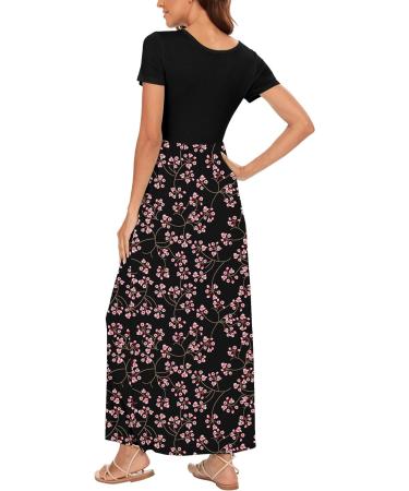 YUNDAI Women's Summer Maternity Maxi Dress with Pocket - Short Sleeve Floral Loose Long Dress Plus Size - Black (L) - Buy Online on GoSupps.com